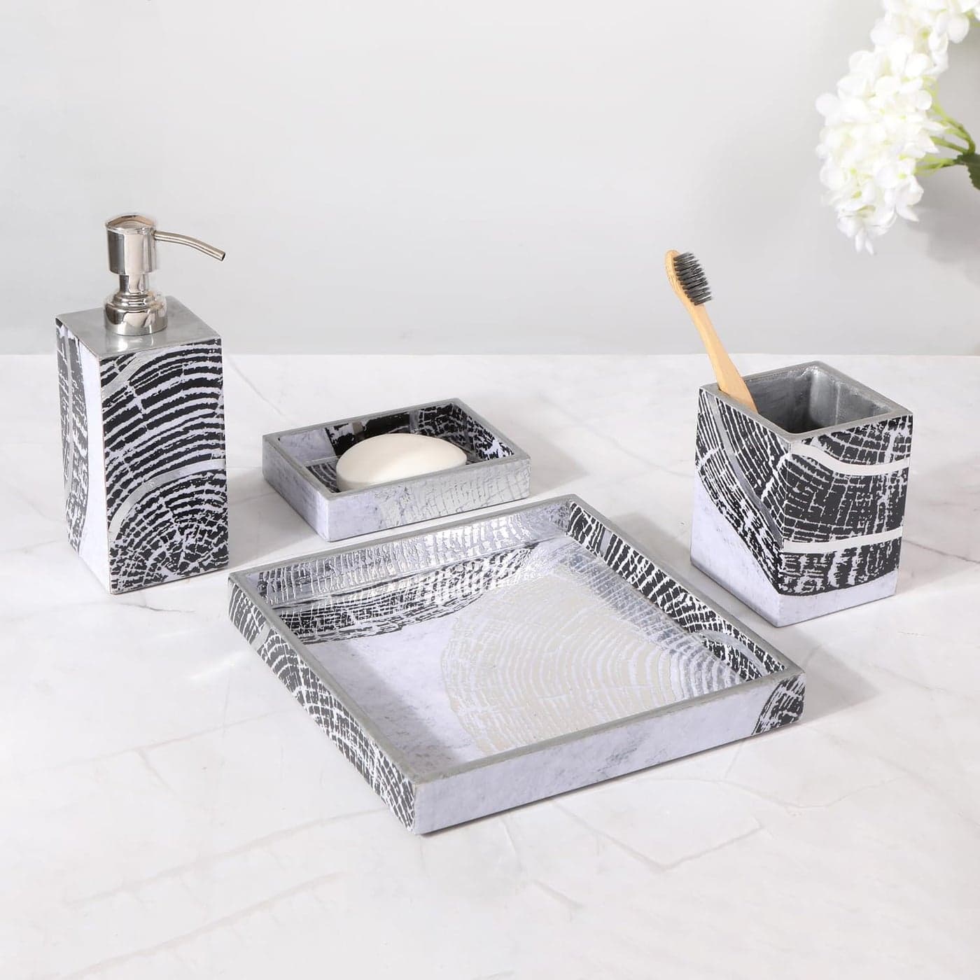 The Home CO MDF Wood Bathroom Accessories Set of 4 Modern Bath Set with Soap Dispenser Tumbler Towel Tray Soap Dish Holder Pack of 4 Bathroom Essential Set Grey Spiral