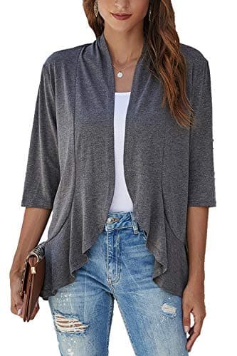 Bluetime Women Casual Lightweight Open Front Cardigans Soft Draped Ruffles 3/4 Sleeve Cardigan (XXL, Charcoal)