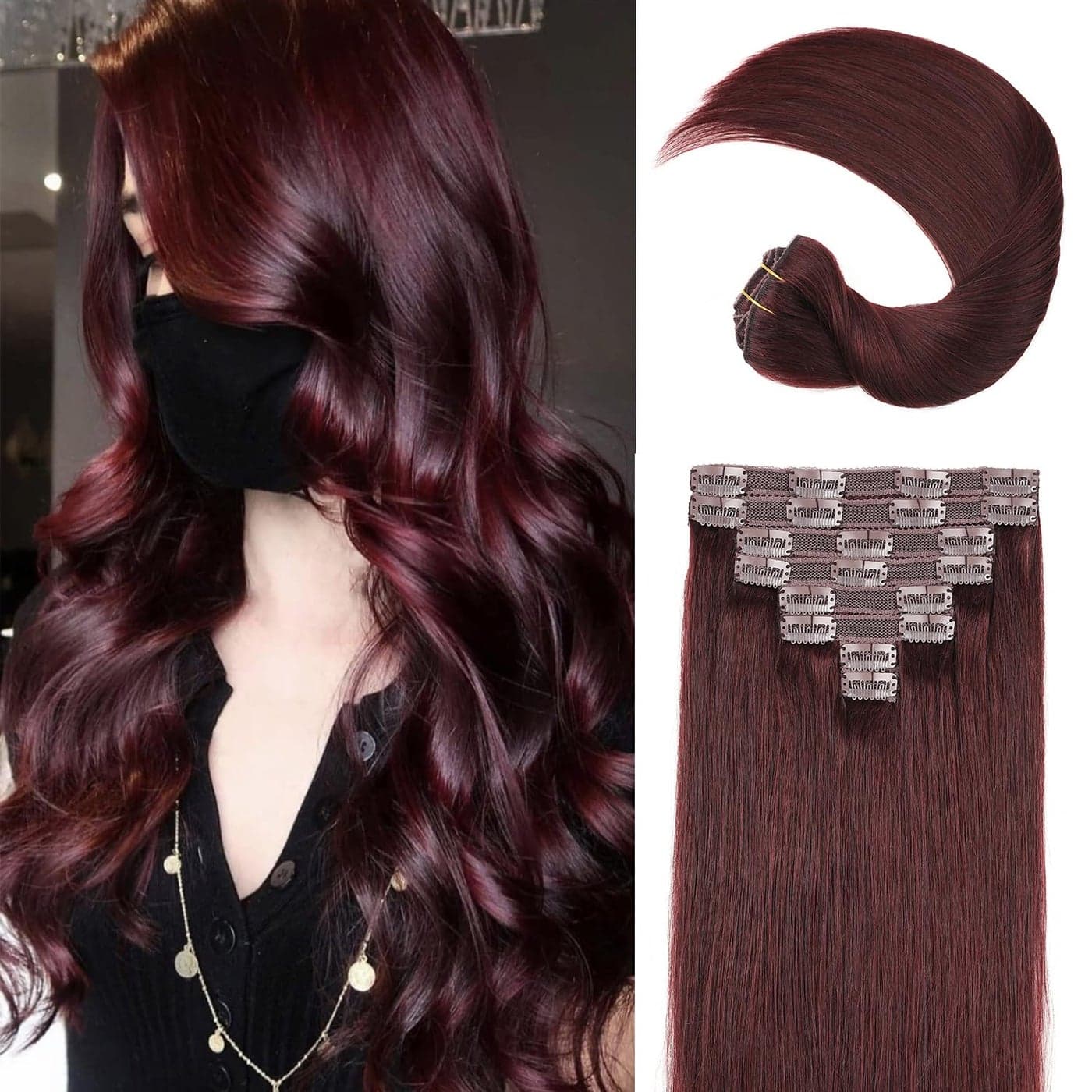 Clip in Real Human Hair Extensions120g 99j Wine Red Full Head 14inch 8pcs 20clips Straight Human Hair Clip In Extensions for Women Burgundy Red Hair Extensions