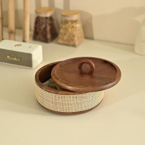 Brick Brown® Tresso Wooden Roti Box with Cane Weave | Chapati Box for Kitchen | Roti Casserole Hot Pot with Lid | Case Roti Dabba Server for Dining Table | Handmade Roti Container (8x8x5 in)