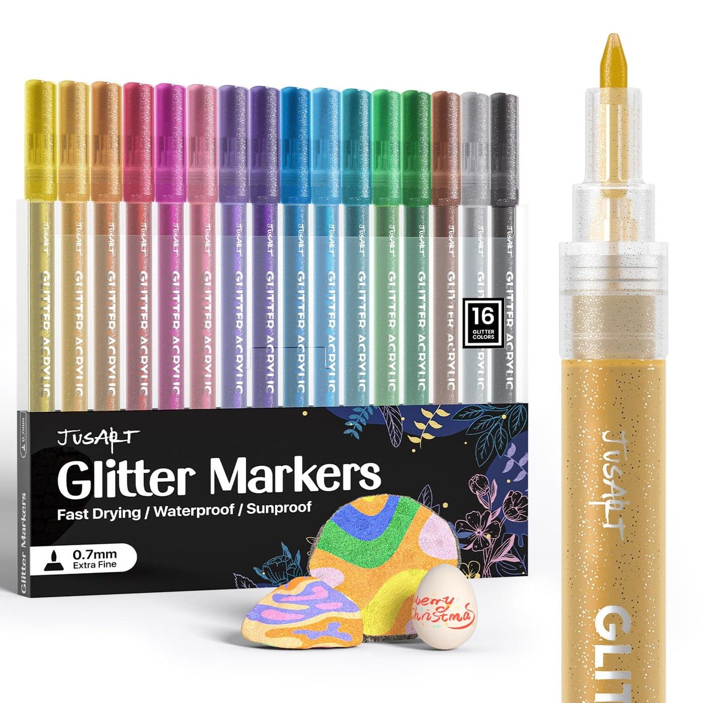 JusArt 16 Colors Glitter Markers Glitter Paint Pens Sparkly and Shiny for DIY Card Making Coloring Scrapbooking Glass Wood Stone Fabric Rock 07mm Extra Fine Acrylic Paint Markers