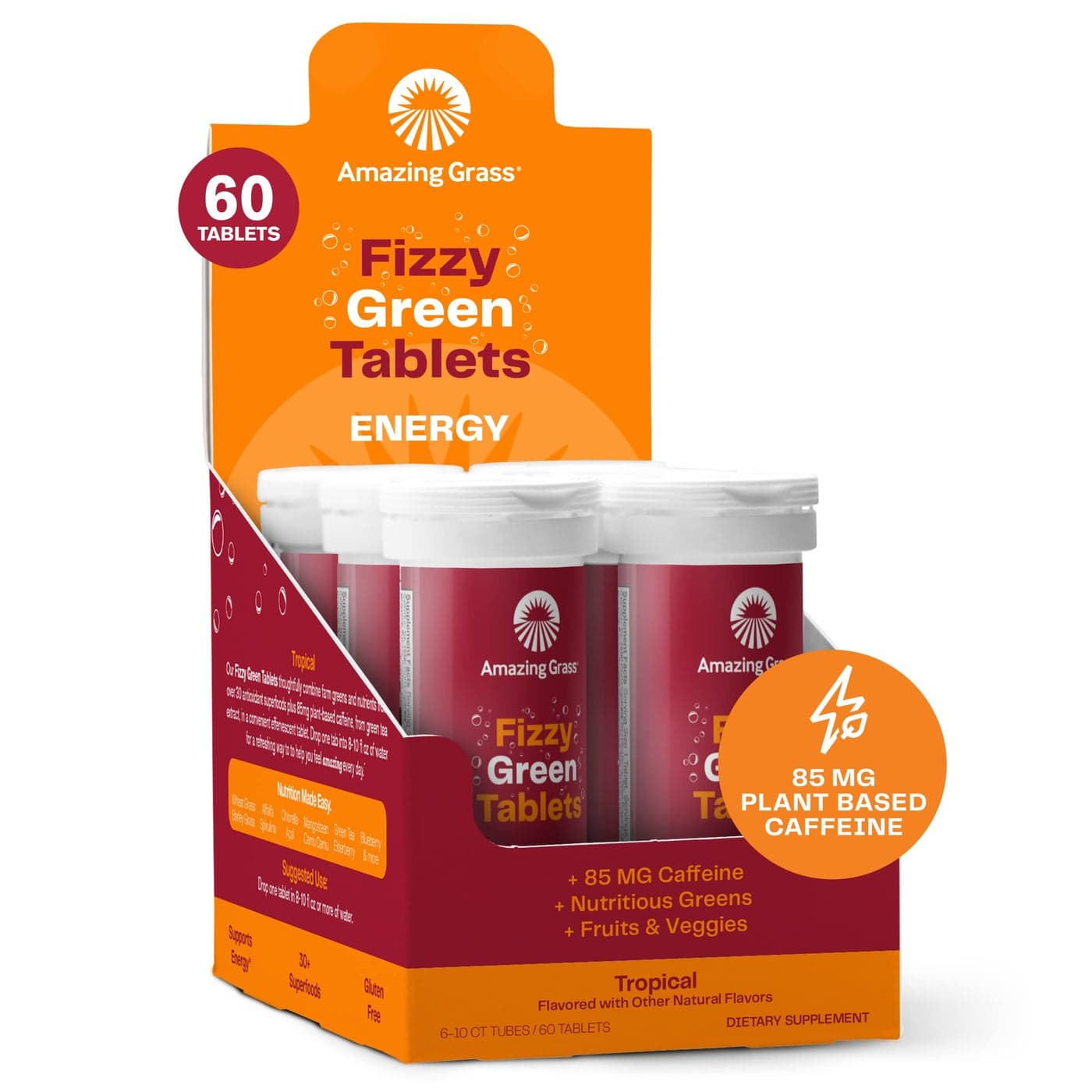 Amazing Grass Fizzy Green Tablets Energy Tropical Greens Green Tea Caffeine Water Flavoring Tablet with Antioxidants 60 Count