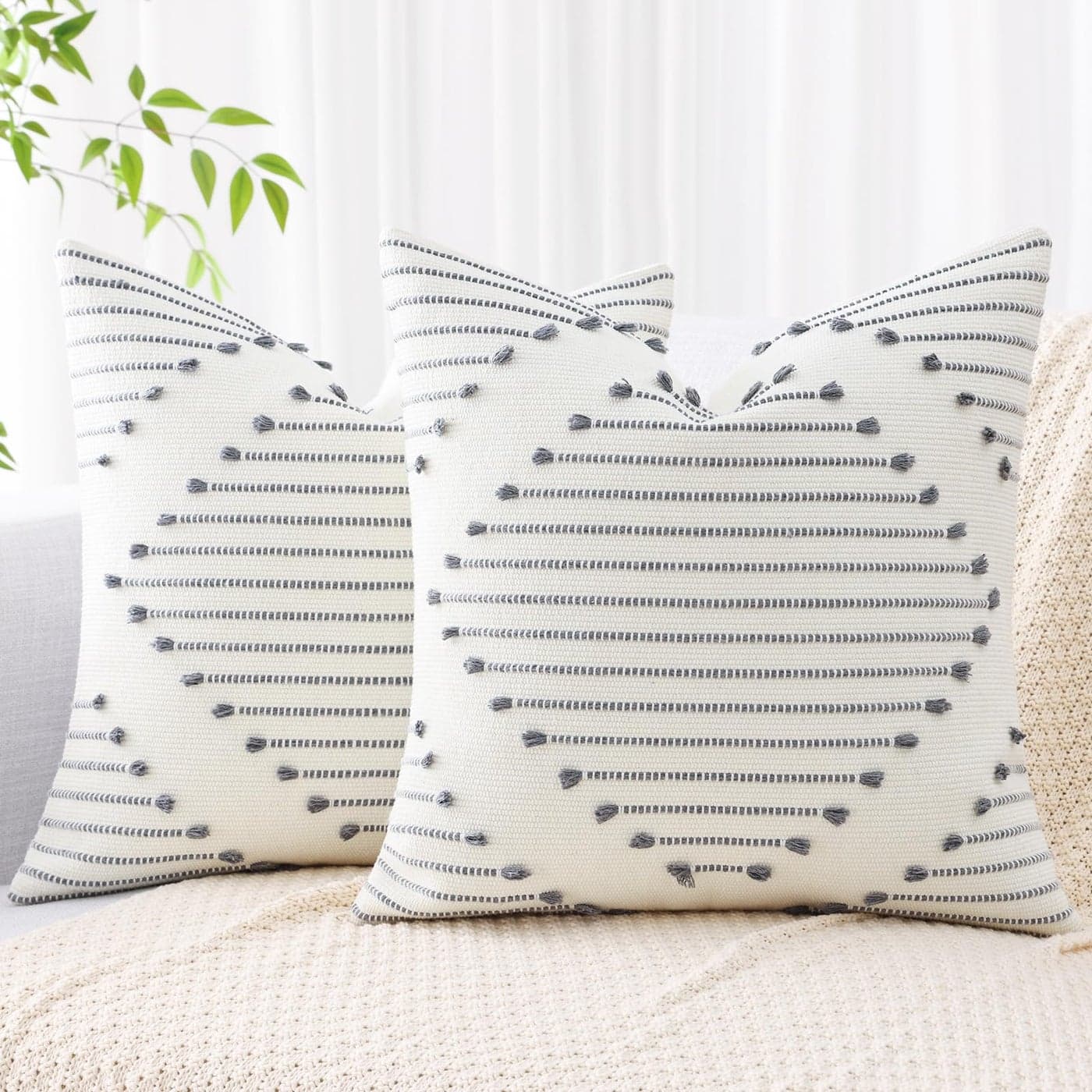 Mecatny Boho Outdoor Throw Pillow Covers 20X20 Set of 2 Farmhouse Decorative Pillow Covers for Couch Sofa Living Room Grey Cream White