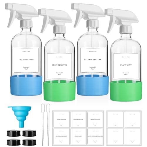GIVAMEIHF 4 Pack Glass Spray Bottles with Silicone Sleeve,16oz Clear Glass Spray Bottles Refillable Empty Bottle with Adjustable Nozzle,Spray Bottle for Cleaning Solutions,Essential Oils,Pets,Hair