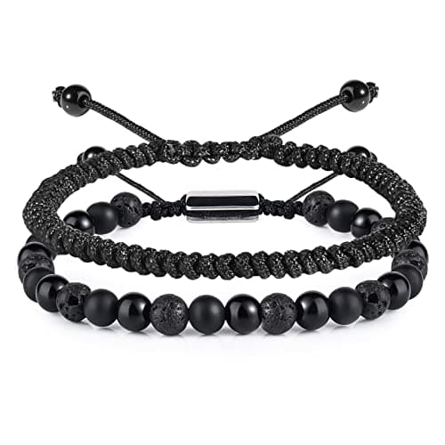 CARITATE Black Beaded Bracelets for Men Boys - 6mm Obsidian Onyx Lava Beads Mens Bracelet Set Mens Jewelry - Cool Anniversary Valentines Fathers Birthday Gifts for Him Boyfriend Husband Man Son Dad