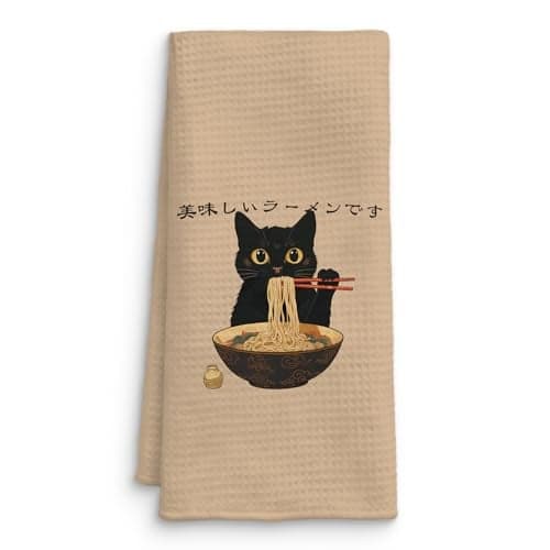 QICLM Funny Black Cat Kitchen Towels Set of 2, Sushi Cat Lover Gifts Dish Towels, Japanese Ramen Noodles Sushi Black Kitty Decorative Hand Towels 16x24 Inch