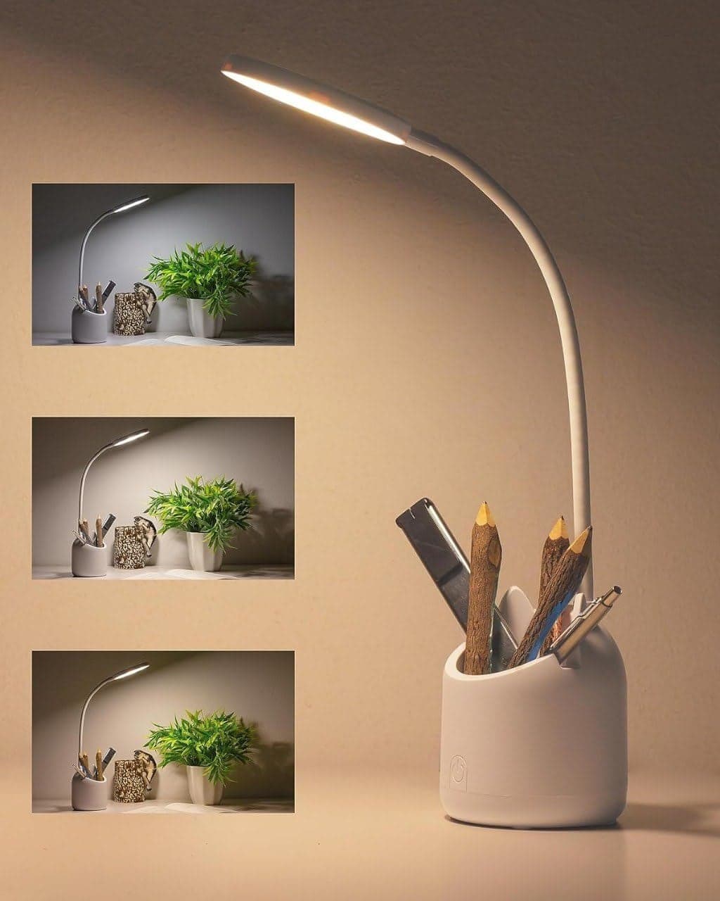 FEBLICH Table Lamp for Study Room with 3 Colour Modes & Adjustable Brightness Levels, Study Lamp with Gooseneck, Pen & Mobile Holder, Rechargeable Lamp Light for Study (White)