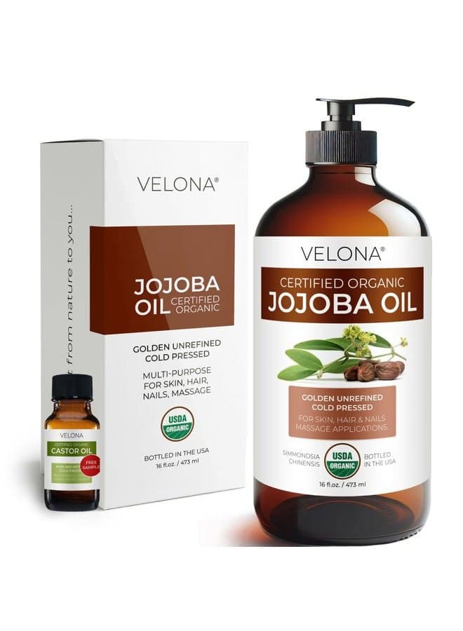 USDA Certified Organic Jojoba Oil - 16 Fl Oz in Glass Bottle | 100% Pure and Natural | Golden, Unrefined, Cold Pressed, Hexane Free