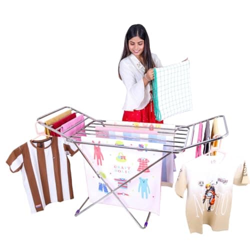 UNIZONE 17 Rods Foldable Cloth Drying Stand | Stainless Steel Cloth Dryer Rack | Portable Clothes Hanger for Balcony, Bedroom & Indoor Laundry Use | Strong & Rust Resistant Cloth Dryer