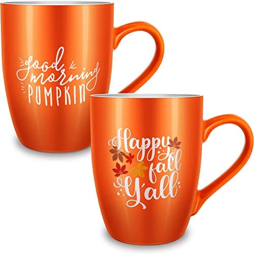 Funtery 2 Pcs Thanksgiving Coffee Mugs Fall Mugs Autumn Pumpkins Cups Happy Fall Yall Coffee Mug Good Morning Pumpkin Cup Camp Mug Campfire Mug Ceramic Cup for Home Women Men Mom Dad Orange