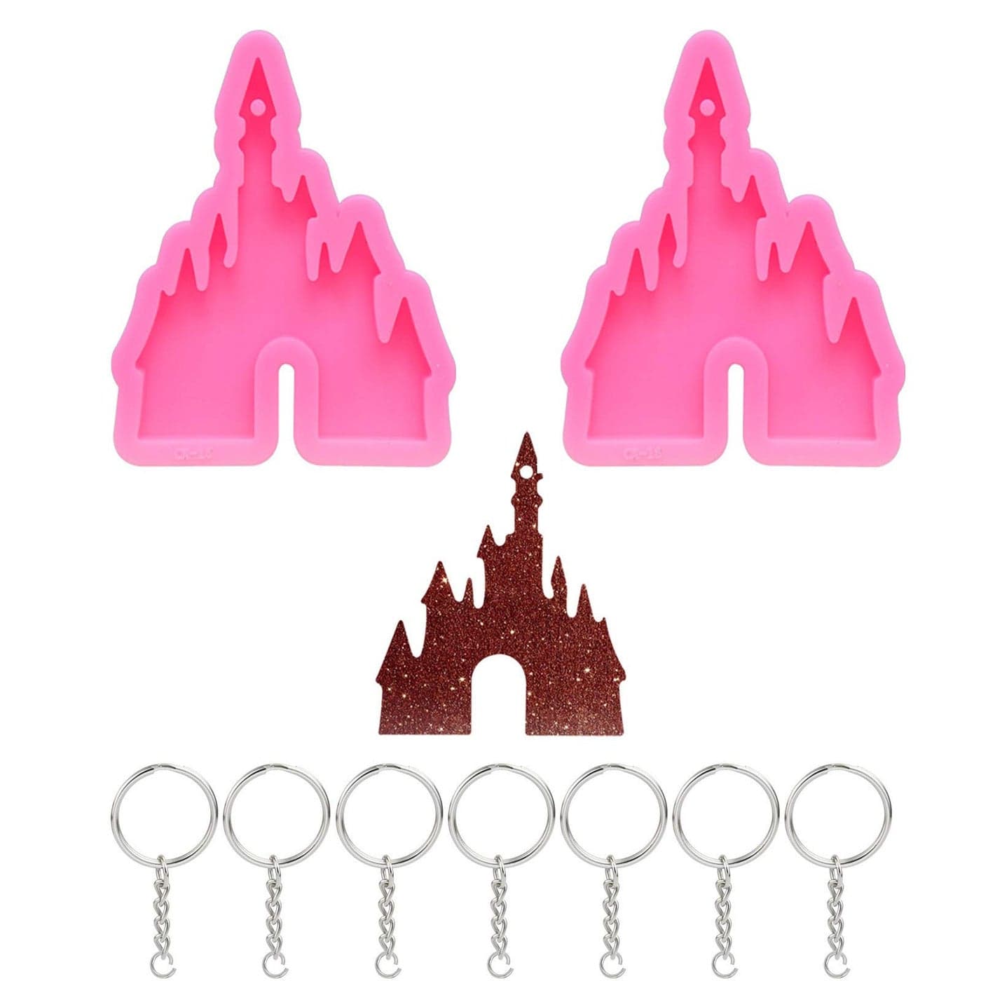 2 Pcs Castle Silicone Mold with Hole Castle Shaped Keychain Molds Chocolate Candy Cake Clay Baking Moulds and 10 Pieces Key Rings with Chain Castle