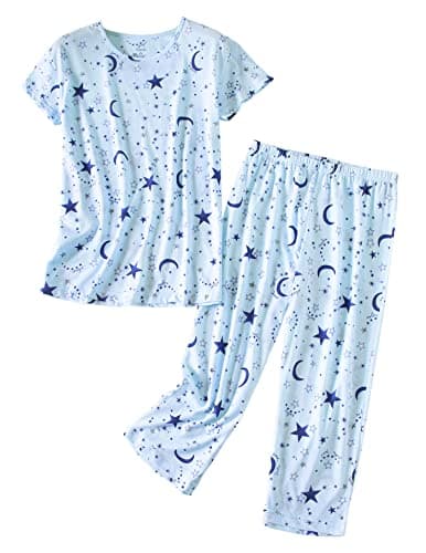 PNAEONG Women’s Pajama Set - Cotton-Blend Short-Sleeve Loose Top with Matching Capri Bottoms SY215-Blue Star-L