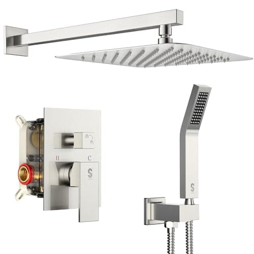 SR SUN RISE 12 Inches Bathroom Luxury Rain Mixer Shower Combo Set Wall Mounted Rainfall Shower Head System Brushed Nickel Finish Shower Faucet Rough-In