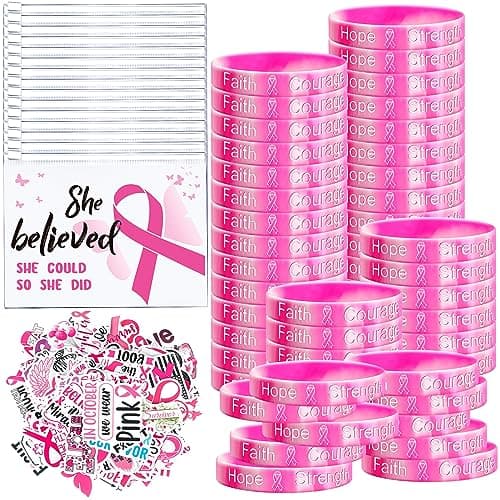Cholemy 200 Pcs Breast Cancer Awareness Gifts Breast Cancer Awareness Silicone Bracelets Pink Ribbon Inspiring Stickers Pink Ribbon Makeup Bags for Women Survivor Charity Party Favors Supplies
