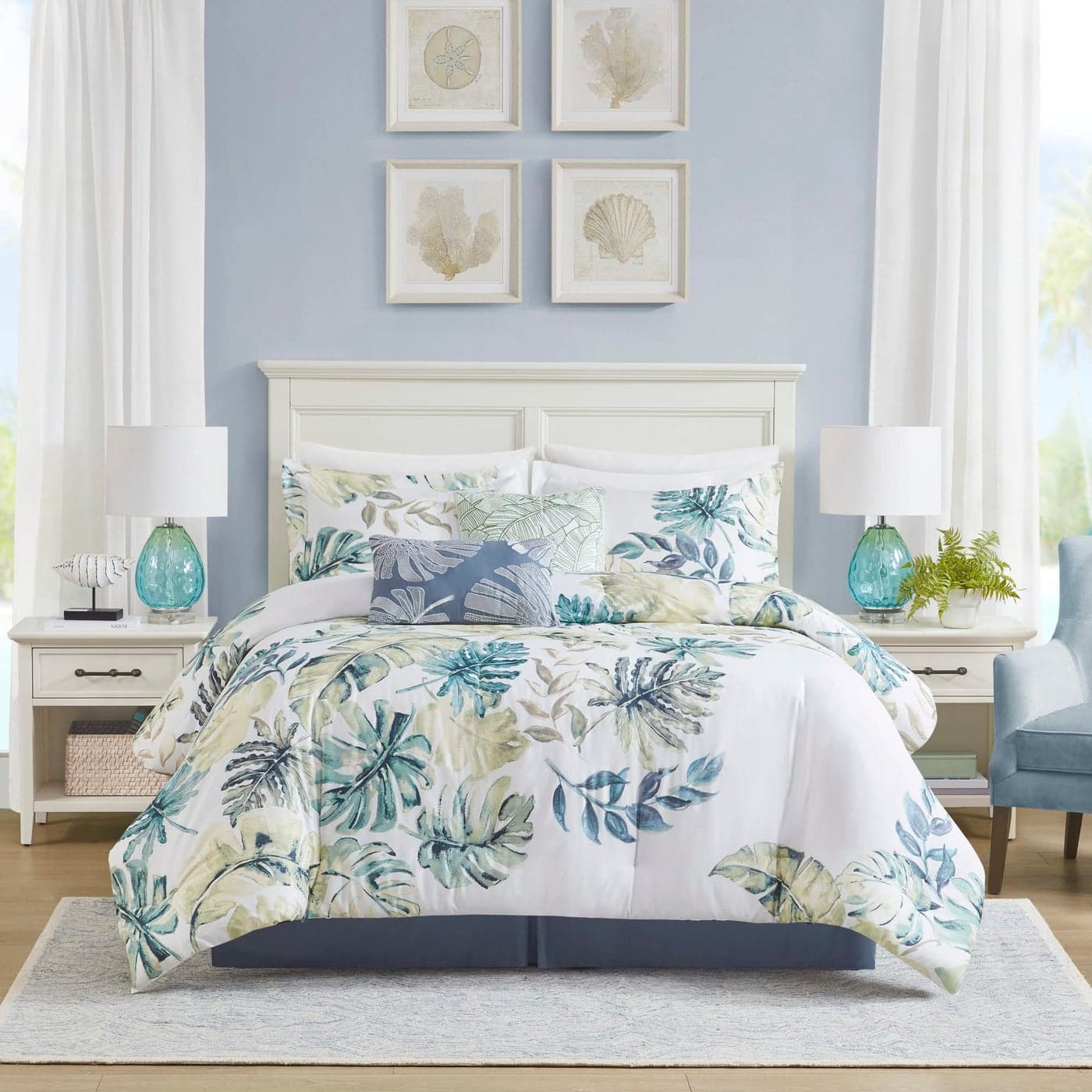 Harbor House Cozy Cotton Comforter Set Coastal All Season Down Alternative Casual Bedding with Matching Shams Decorative Pillows Lorelai Monstera Leaf Green Cal King110x96 6 Piece
