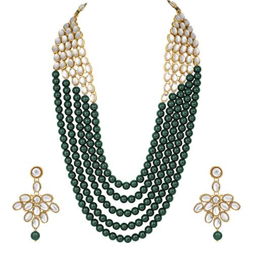 Aheli Elegant Indian Ethnic Traditional Layered Beaded Long Kundan Necklace Earring Set Bollywood Wedding Fashion Jewelry for Women