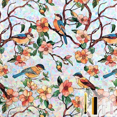 Kromapolis Window Privacy Film, Stained Glass Sticker Floral Window Clings, Decorative Static Clings UV Blocking Colorful Decals, Removable Vinyl Covering Rainbow Camellia, 17.5'' x 78.7''