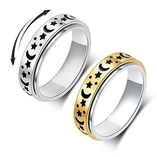 OreilleStar Anxiety Ring for Women Fidget Ring Stainless Steel Fidget Toys Adults Spinner Ring Silver Moon Star Fidgit Band Ring