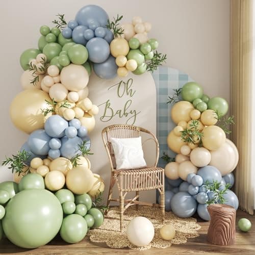 Sage Green Dusty Blue Yellow Pastel Balloon Arch Kit 124Pcs Double Stuffed Yellow Green Dusty Blue Sand White Balloons for Baby Shower Wedding Bridal Birthday Gender Reveal Party Decorations
