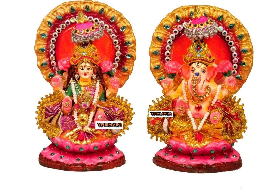 Yashvin® Diwali Idols Singhasan Vastra Laxmi Ganesh Murti for Puja, Lakshmi Ganapati Murti for Home Office Decoration, Handmade Terracotta Clay Statue, Pooja Idols || CDR9