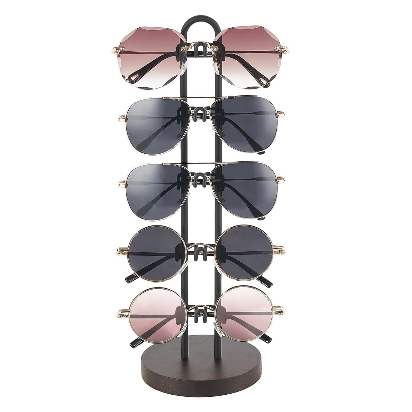 Mkono Sunglasses Organizer Glasses Holder Stand Sunglass Storage Eyeglasses Rack Metal Frame with Wood Base for 5 Pairs of Eyewear Display for Table Desk Countertop Dresser Bedroom Set of 1 Black