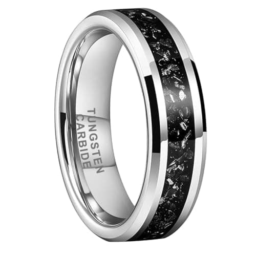 TUTISS 6mm Tungsten Rings for Men Women Meteorite Shavings Inlay Promise Engagement Wedding Bands Beveled Edges Polished Shiny Comfort Fit Size 7.5