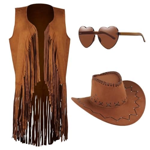MAKCNMYM Women Tassel Fringe Vests 70s Hippie Faux Suede Sleeveless Fringed Jacket Western Cowgirl Outfits with Cowboy Hat Heart-Shaped Sunglasses Halloween Costume Accessories for Women