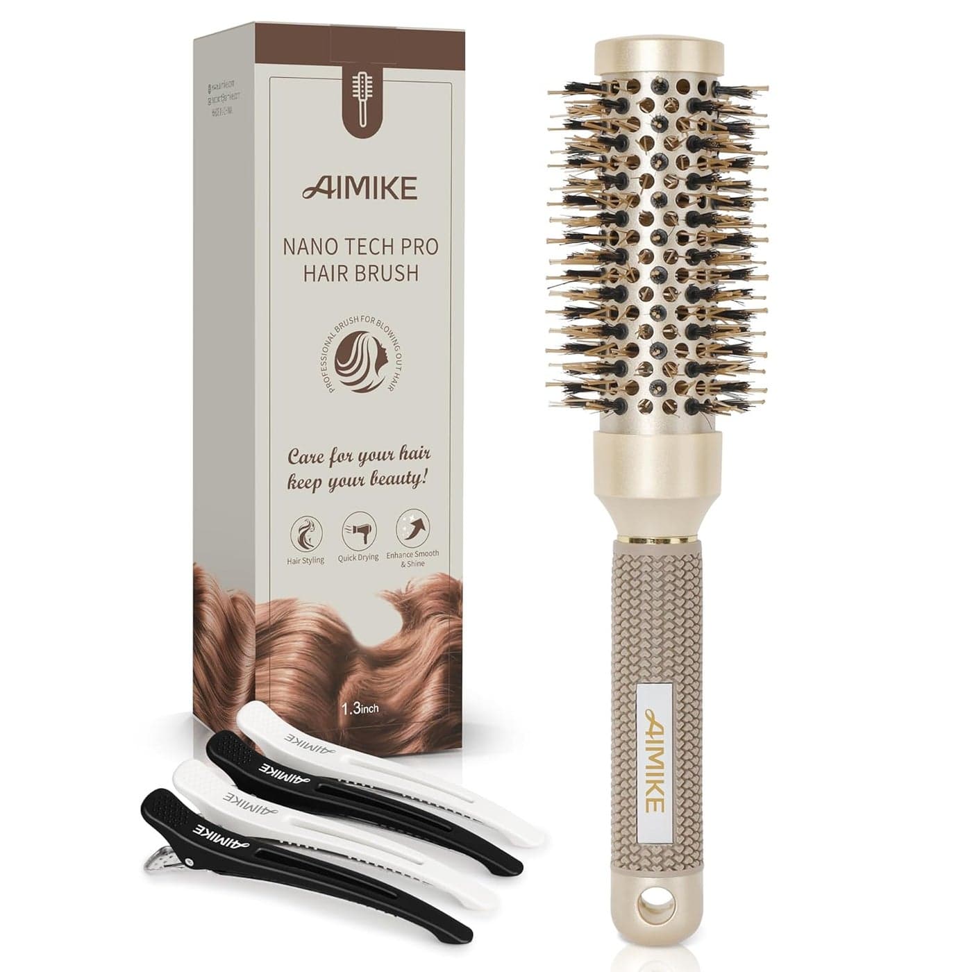 AIMIKE Round Brush 13 Inch Barrel Nano Thermal Ceramic Ionic Tech Boar Bristles for Blow Drying Styling Curling and Shine Gold 4 Clips