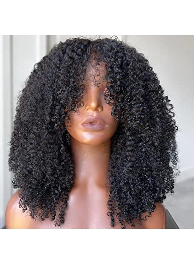 Meadow hair Full 200 Density Afro Kinky Curly Human Hair Wig With Bang Brazilian Virgin Afro Coily Wigs Bangs For Black Women Machine Scalp Top Wig Glueless 14inch