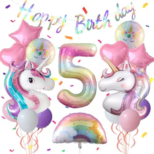 Unicorn 5th Birthday Party Decorations for Girl Purple Pink Theme Balloon Set Large Rainbow Unicorn Helium Balloons with Heart and Star Baby Shower Kids Supplies number 5 set