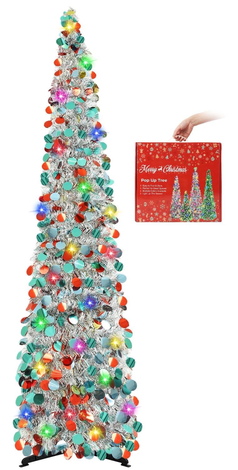 MACTING Christmas Pop Up Tree with 50 LED Lights 5FT Collapsible Tinsel Pencil Tree EasyAssembly Coastal Glitter Artificial Tree for Apartment Party Corner Home Indoor Xmas DecorationsSilverMix