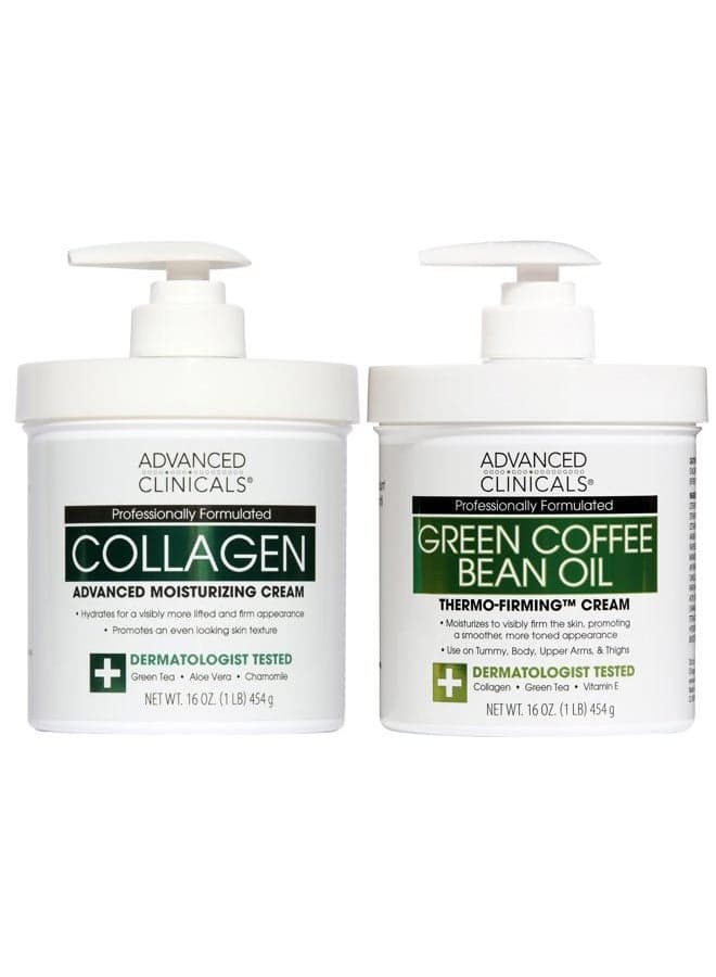 Unscented Collagen Body Cream & Face Moisturizer + Green Coffee Bean Oil Thermo - Firming Body Cream For Women & Men Helps Reduce Appearance Of Cellulite Prone Skin & Dry Skin, 2pc