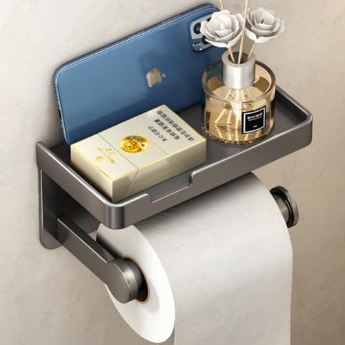 VOLDRA Toilet Paper Holder with Phone Shelf, Self-Adhesive or Screw Toilet Tissue Roll Holder Wall Mount, Rustproof & Multifunctional Bathroom Toilet Paper Holder Storage Dispenser(Gray)