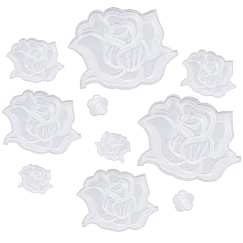 Qianyu 10 Pcs Iron on Rose Flower Patches for Clothes Designs Fabric Repair Flower Sew on Embroidered Patches with 5 Sizes Cool Applique Patches for Jacket Jeans Sweater Hats Shoes Bags White