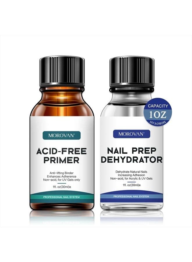 Nail Primer And Natural Nail Prep Dehydrate Set, Nail Dehydrator and Primer, Fast Air Dry For Gel Polish & Acrylic Powder, Gel Nail Primer and Dehydrator 30ml / 1oz
