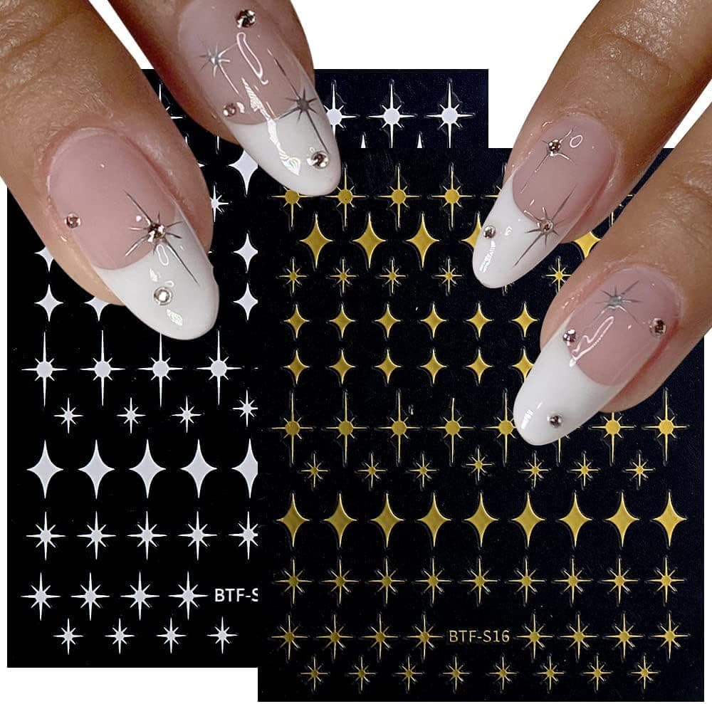 8 Sheets Star Nail Art Stickers Self-Adhesive Nail Decals 3D Nail Art Supplies Gold Silver Black White Nail Art Design Stars Nail Sticker for Women Girls Manicure DIY Decoration Accessories