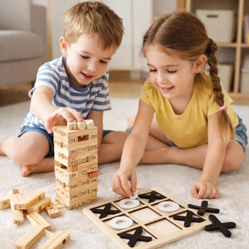 5 Inch Tumbling Tower with 4 Dices & Tic Tac Toe Combo Game - 54 Pcs Challenge Game Wooden Stacking Building Blocks Puzzle Indoor Outdoor Table Picnic Fun Board Travel Games for Kids Birthday Gifts