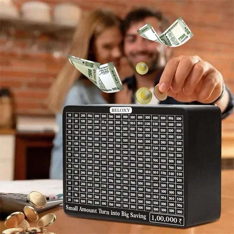 Money Saving Box for Kids and Adults | Wooden Money Bank with Lock | Big Size Piggy Bank 2 Lakh Target | 1 Lakh Saving Box with Numbers | Undiyal Hundi Pig (Black)