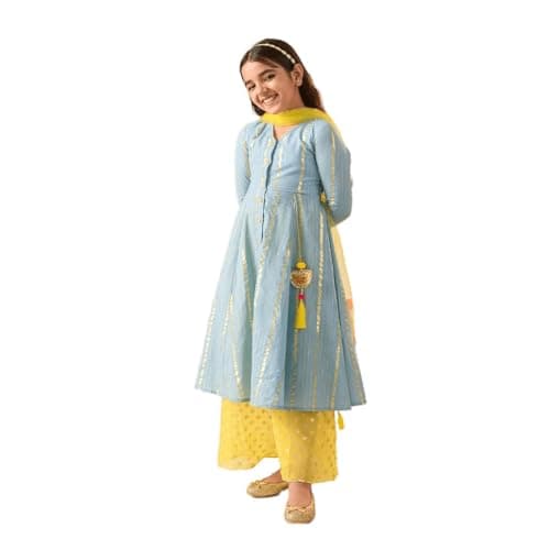 Pspeaches Girls Cotton 3/4th Sleeve V-Neck Striped Kurta And Palazzo With Dupatta 3 Piece Set|Ethnic Wear For Kids Girls|Traditional & Festive Outfit 6-7 Year Blue & Yellow