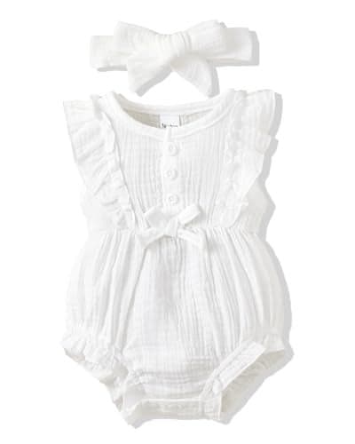 Renotemy Infant Baby Floral Romper Summer Clothes Girl Short Sleeve Rompers Baby Shower Gifts Baptism Girl Clothes 0-3 Months Solid White
