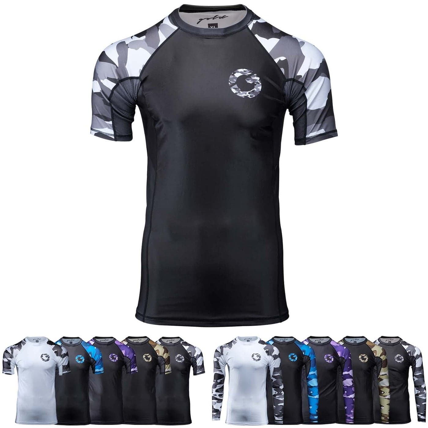 Gold BJJ Jiu Jitsu Rashguard Camo Short Sleeve Rash Guard Compression Shirt for NoGi Gi MMA Black Camo XXXL