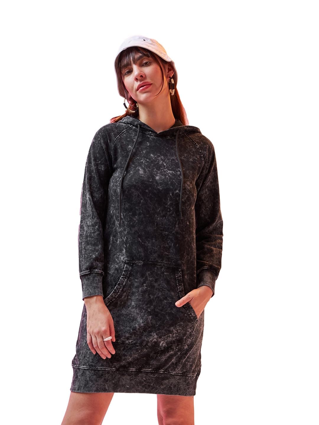 Bewakoof Women's Self Design Regular Fit Full Sleeve Terry Acid Wash Dress_596579_Black_L