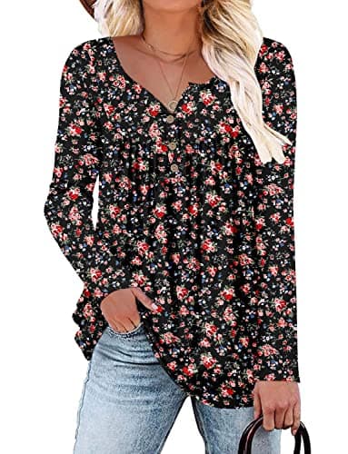 ROSELINLIN Blouses for Women Long Sleeve Tunic Top for Leggings Black Flower Shirts XL