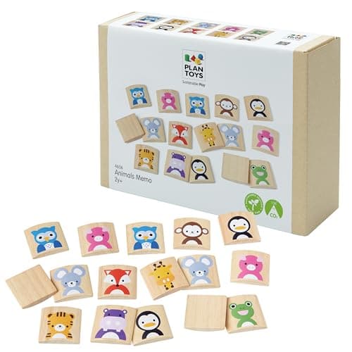 PlanToys Wooden Animals Memo Game Montessori Memory Matching Game for Animal Recognition Strategy and Logical Thinking Eco Friendly Educational Toy for Visual and Cognitive Development