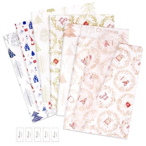 Larcenciel 60 Pcs Christmas Tissue Paper Bulk 276x197in wStickers Metallic Glitter Gift Tissue Paper for Gift Bags Gnome Bell Tree Wreath Patterns Colorful Xmas Gifts Wrapping for Holiday Party