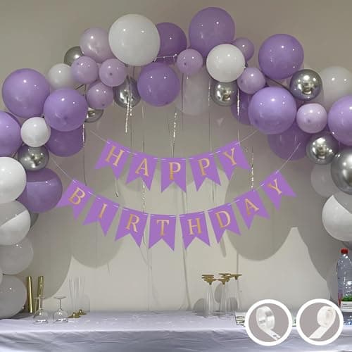 Flyloons Birthday Decoration Items Purple and White Theme Combination for Boys Girls Men Women Kids | 30 Pcs Purple White Silver Color Balloons | Purple Happy Birthday Banner | Arch Tape | Glue Dots