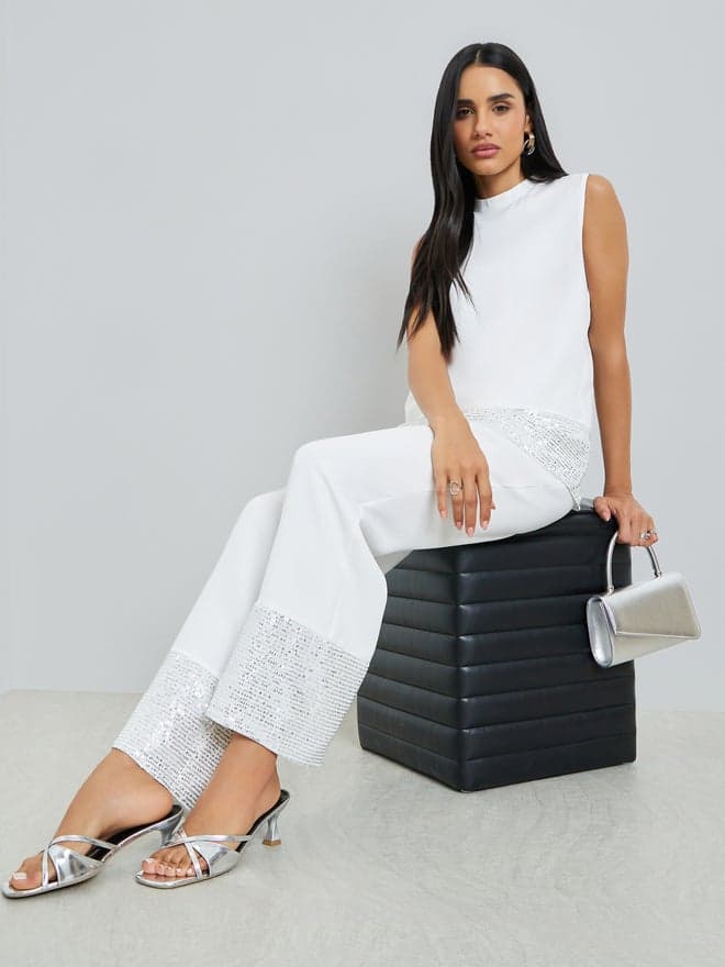 Styli White Sequin Sleeveless Top and Wide Leg Pants Co-Ords
