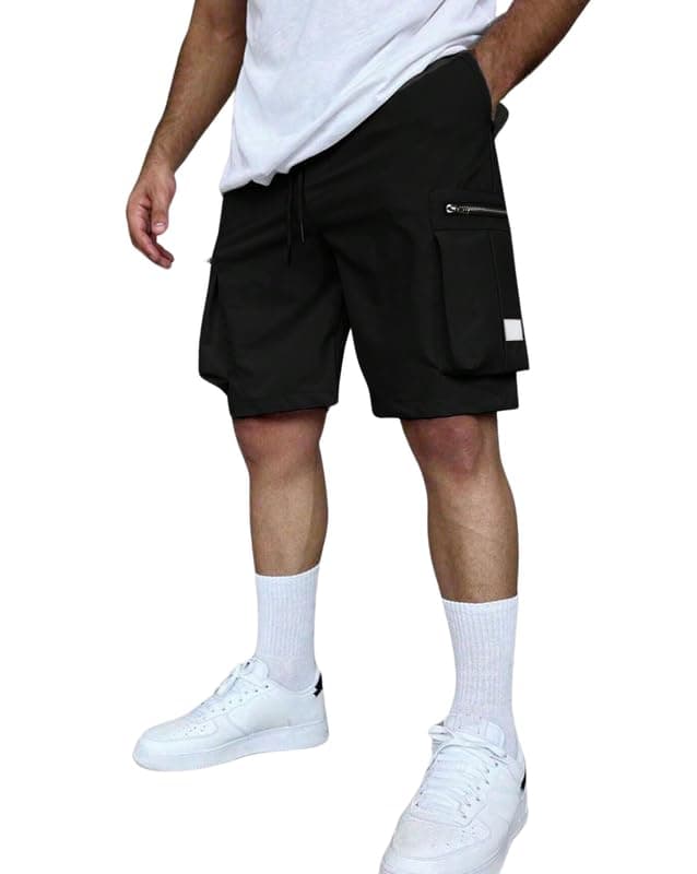 SMOWKLY Men’s Cotton Cargo Shorts Casual Summer Shorts for Men Regular Fit Multi Pocket Shorts Men Elastic Waist Drawstring Outdoor Travel Streetwear Mens Half Pants(1660_BK_32) Black