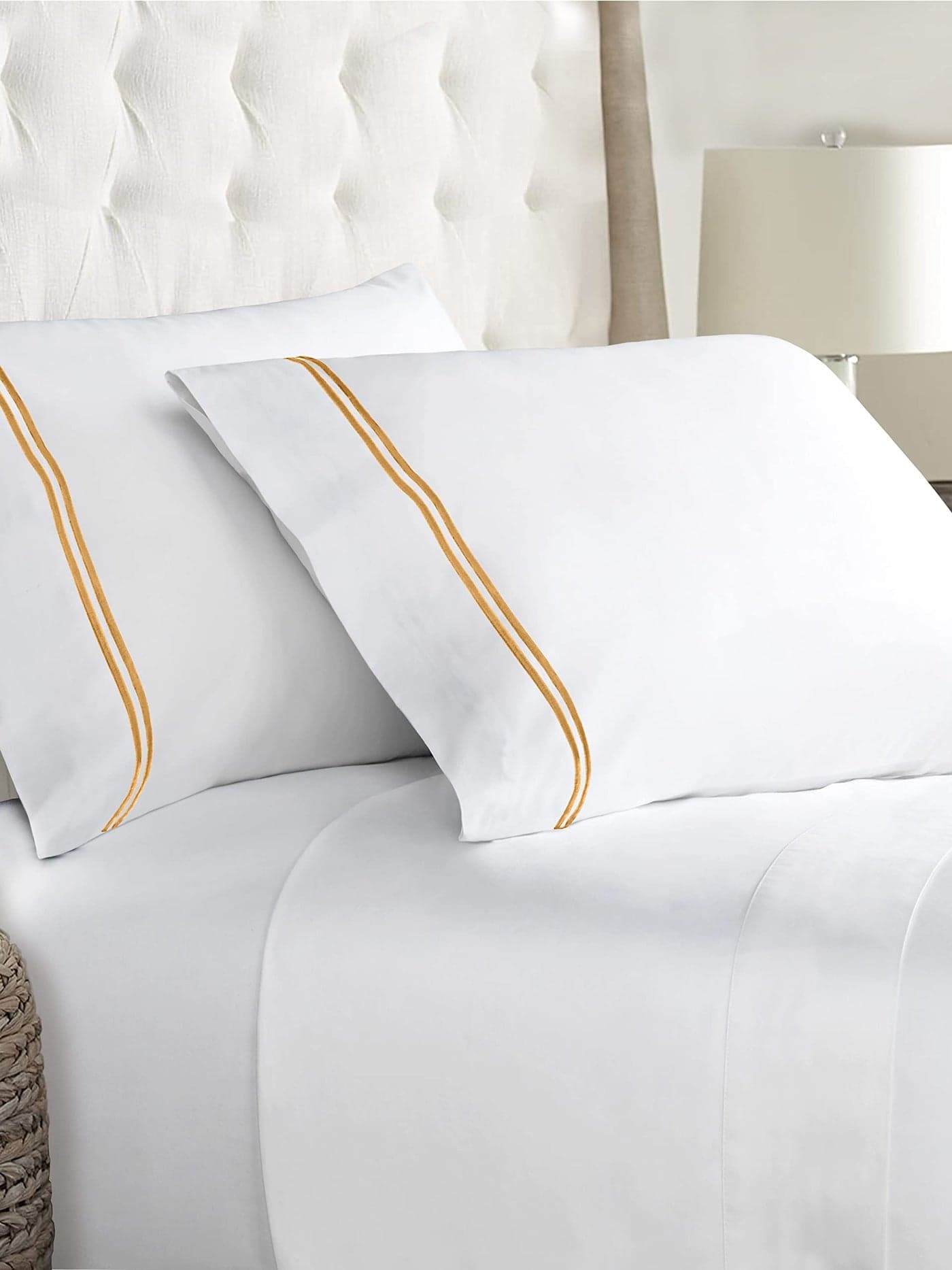 Linenwalas 400 Thread Count White Bedsheet Cotton with 1 Marrow Embroidery Pillow Covers | Softest Long Staple 100% Cotton Silky Soft - Single (60"x90") - Gold Marrow Embroidery