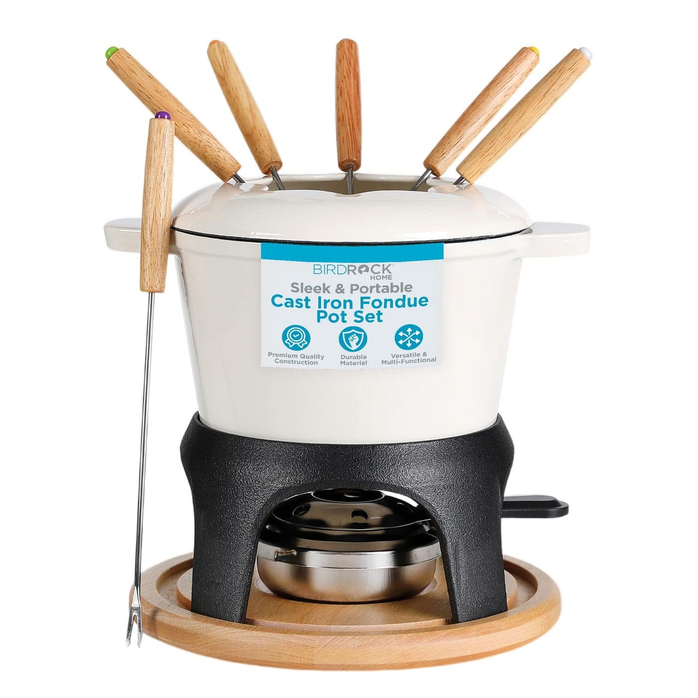 BIRDROCK HOME Cast Iron Fondue Pot Set 8 Fondue Forks Chrome Safety Burner Chocolate Cheese Melting Dip Warmer Mini Fountain Covered Strawberries Wedding Gifts Hosting Essentials Cream